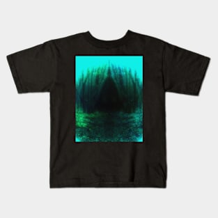 Special processing. Trail to the dark forest, where monster live. Aqua. Light borders. Kids T-Shirt